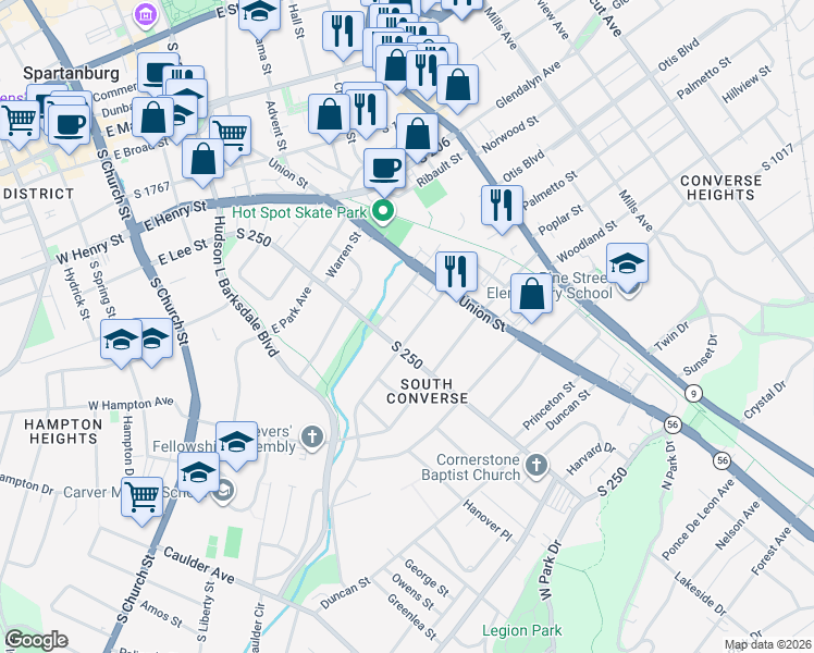 map of restaurants, bars, coffee shops, grocery stores, and more near 339 Ridgewood Avenue in Spartanburg