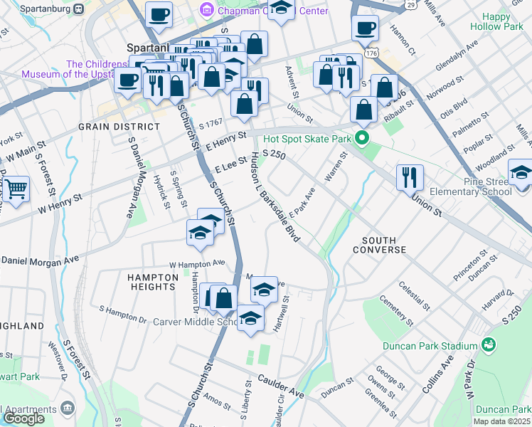 map of restaurants, bars, coffee shops, grocery stores, and more near 332 Brown Avenue in Spartanburg
