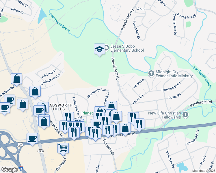map of restaurants, bars, coffee shops, grocery stores, and more near 121 Normandy Avenue in Spartanburg