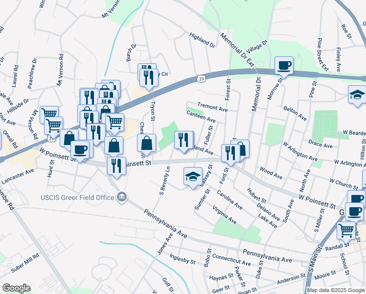 map of restaurants, bars, coffee shops, grocery stores, and more near 220 Oakland Avenue in Greer