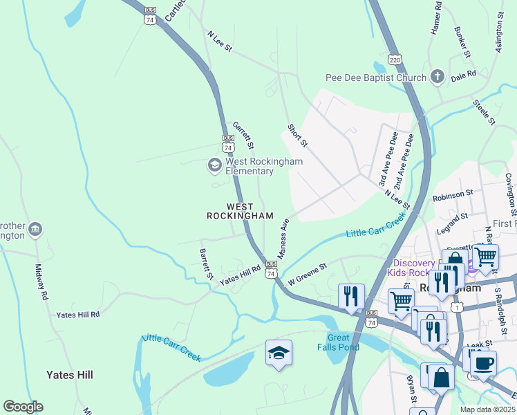 map of restaurants, bars, coffee shops, grocery stores, and more near 131 Garrett Street in Rockingham