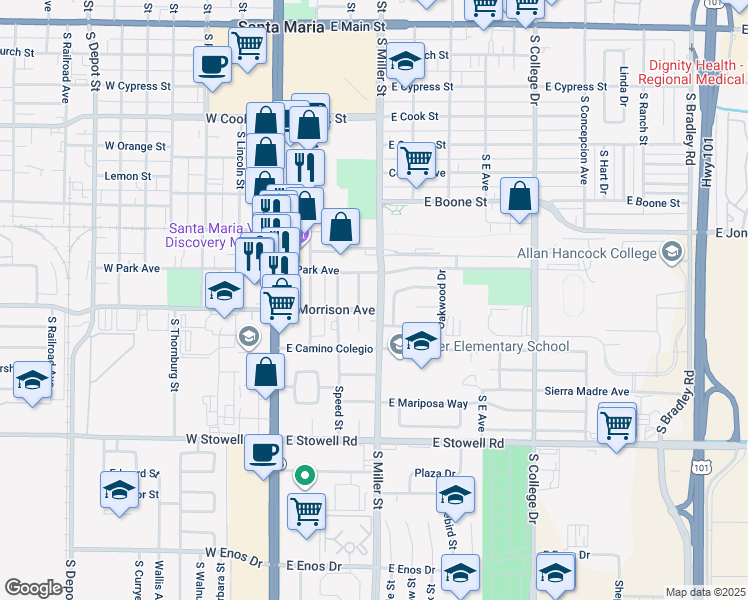 map of restaurants, bars, coffee shops, grocery stores, and more near 827 South Miller Street in Santa Maria