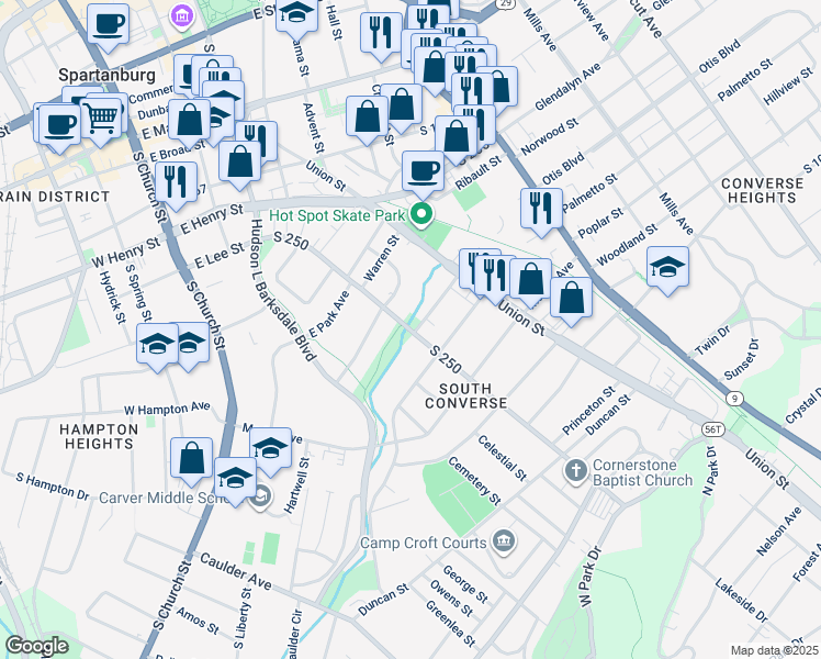 map of restaurants, bars, coffee shops, grocery stores, and more near 441 South Converse Street in Spartanburg