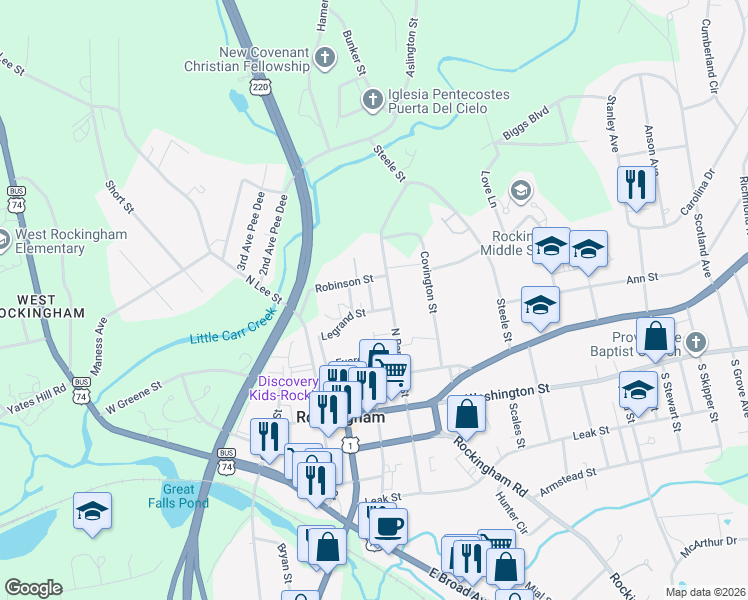 map of restaurants, bars, coffee shops, grocery stores, and more near 306 Robinson Street in Rockingham