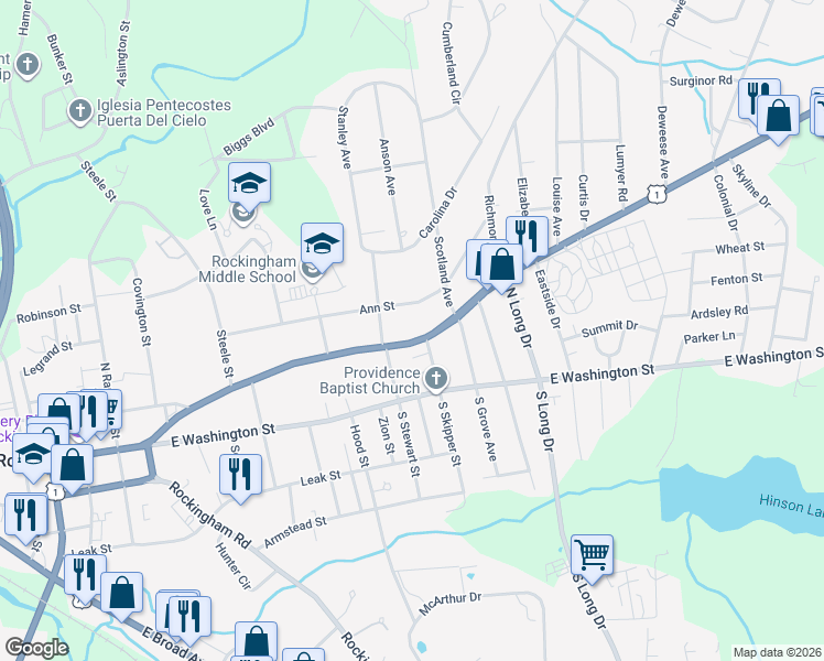 map of restaurants, bars, coffee shops, grocery stores, and more near 1116 Ann Street in Rockingham