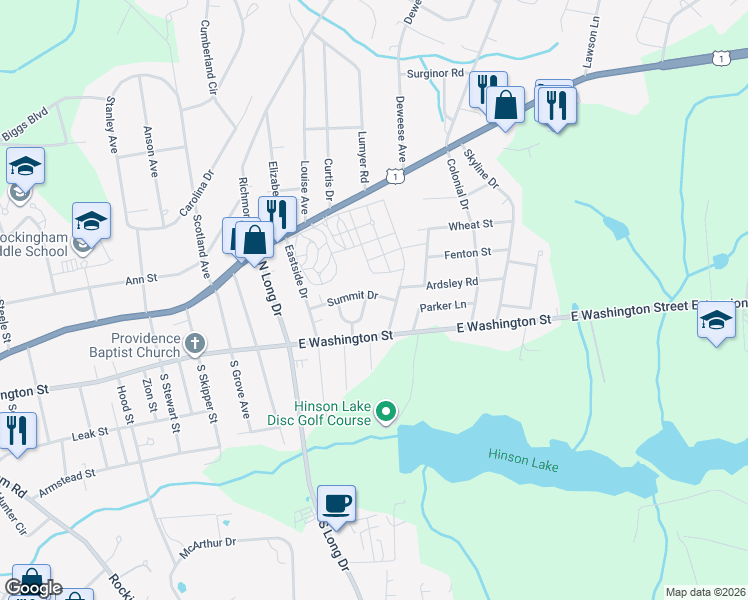 map of restaurants, bars, coffee shops, grocery stores, and more near 121 Willow Road in Rockingham