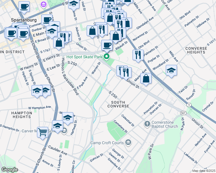 map of restaurants, bars, coffee shops, grocery stores, and more near 305 Ridgewood Avenue in Spartanburg