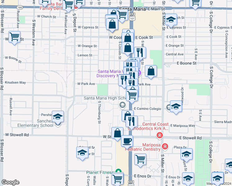 map of restaurants, bars, coffee shops, grocery stores, and more near 829 South Lincoln Street in Santa Maria