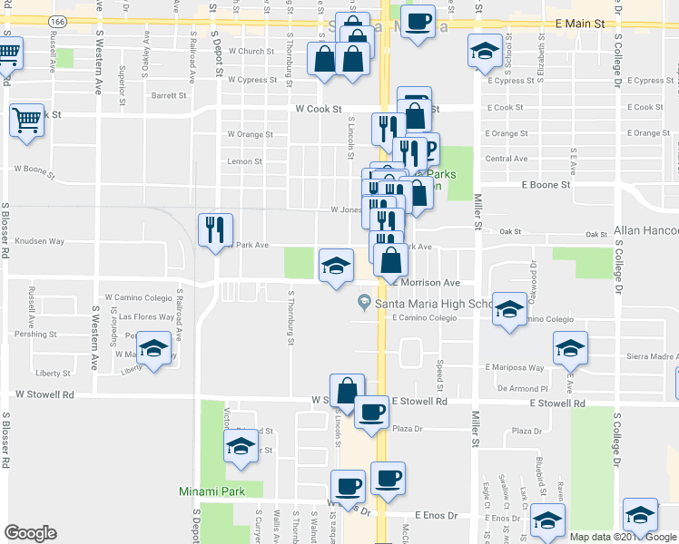 map of restaurants, bars, coffee shops, grocery stores, and more near 829 South Lincoln Street in Santa Maria