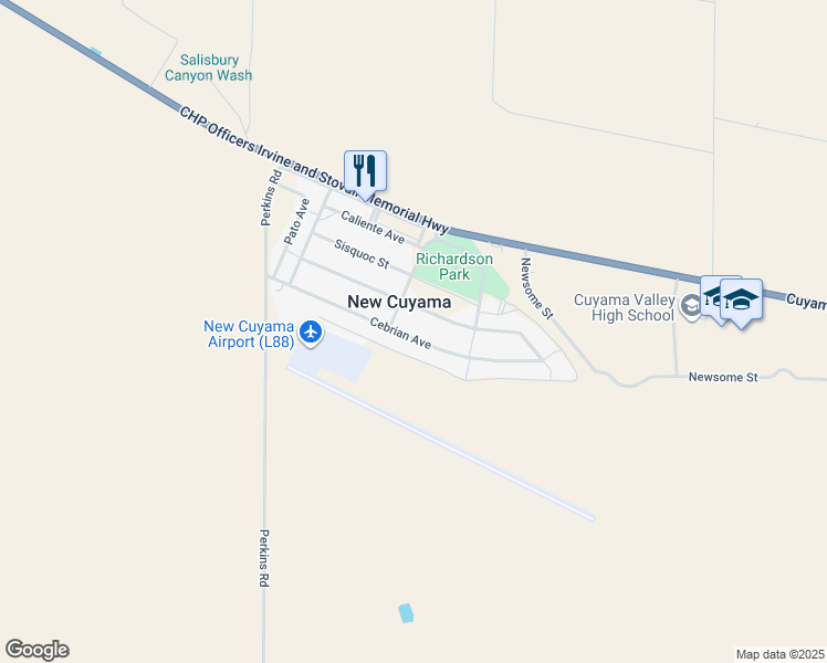 map of restaurants, bars, coffee shops, grocery stores, and more near 4772 Cebrian Avenue in New Cuyama