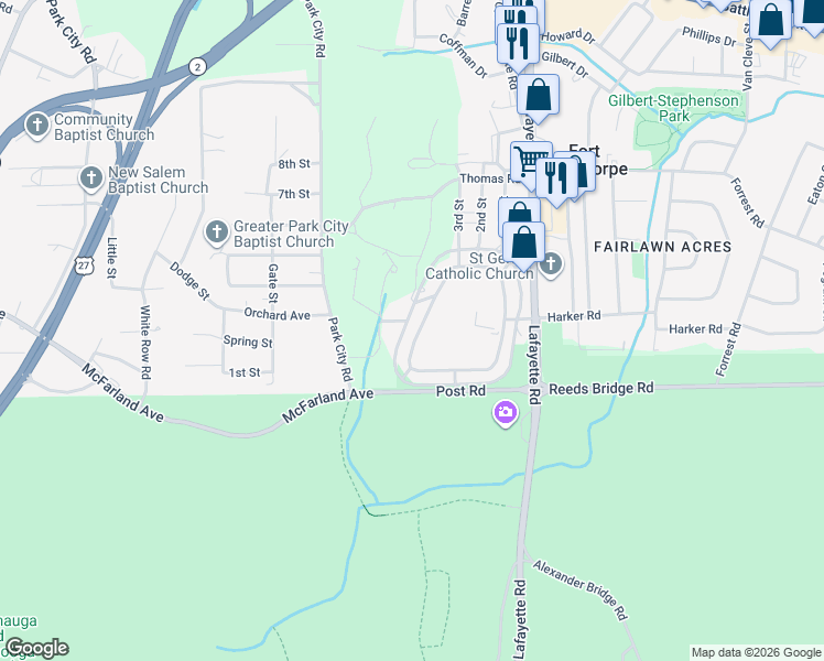 map of restaurants, bars, coffee shops, grocery stores, and more near 213 Barnhardt Circle in Fort Oglethorpe