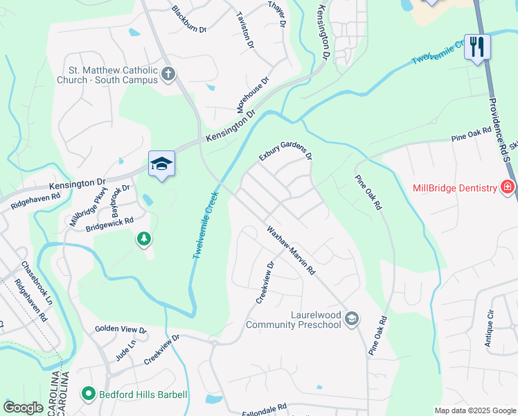 map of restaurants, bars, coffee shops, grocery stores, and more near 4316 Overbecks Lane in Waxhaw