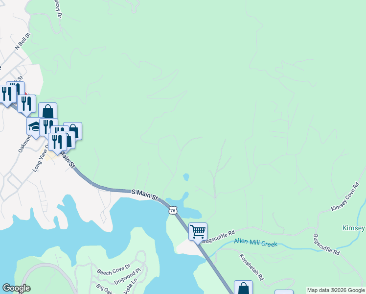 map of restaurants, bars, coffee shops, grocery stores, and more near 277 South Meadows Acres in Hiawassee