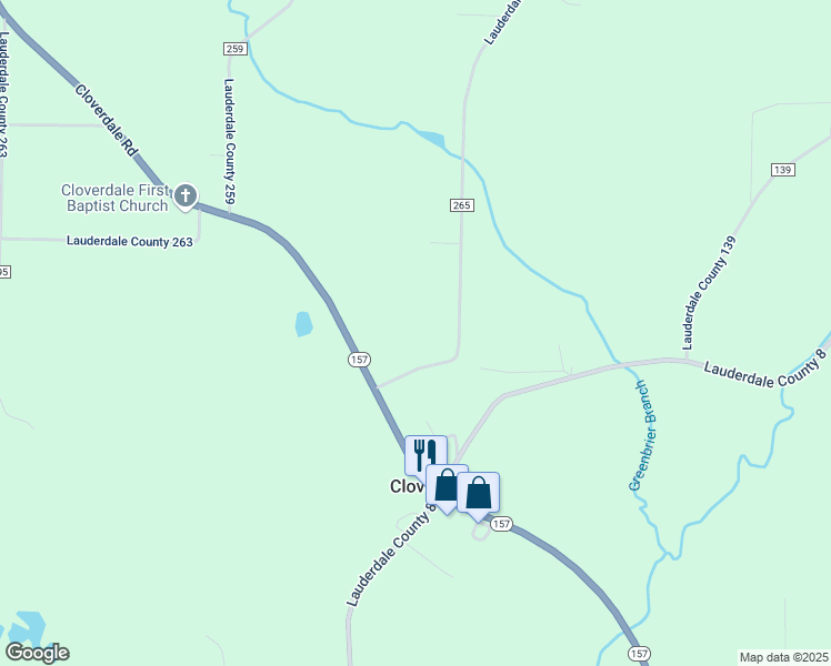 map of restaurants, bars, coffee shops, grocery stores, and more near 11584 Alabama 157 in Florence