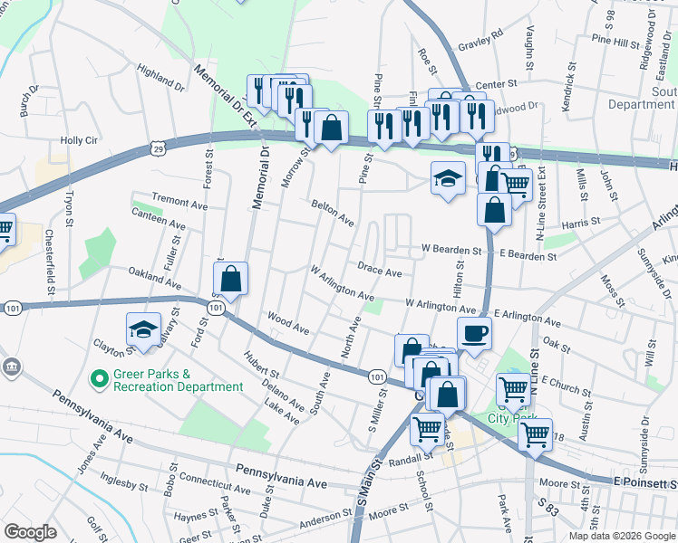 map of restaurants, bars, coffee shops, grocery stores, and more near 209 Pine Street in Greer