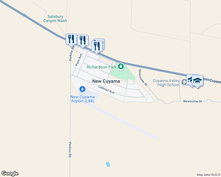 map of restaurants, bars, coffee shops, grocery stores, and more near 4772 Cebrian Avenue in New Cuyama