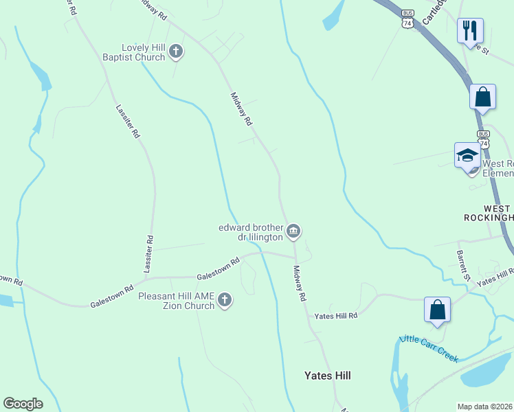 map of restaurants, bars, coffee shops, grocery stores, and more near 511 Midway Road in Rockingham