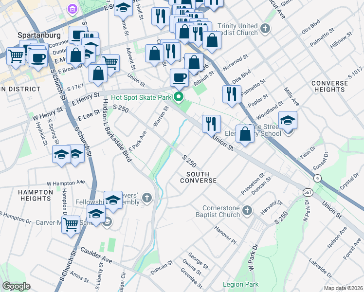 map of restaurants, bars, coffee shops, grocery stores, and more near 339 Ridgewood Avenue in Spartanburg