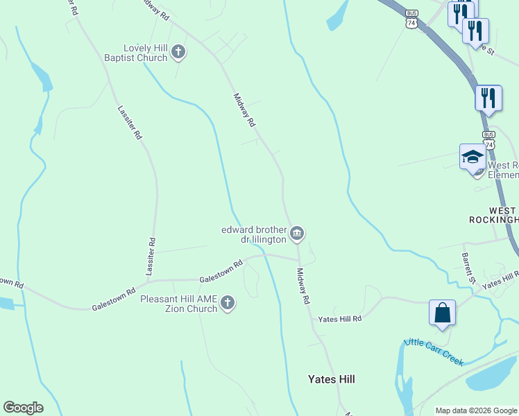 map of restaurants, bars, coffee shops, grocery stores, and more near 511 Midway Road in Rockingham