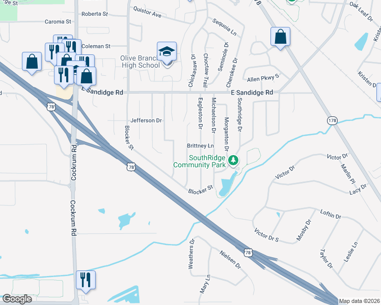 map of restaurants, bars, coffee shops, grocery stores, and more near 5742 Stone Street in Olive Branch