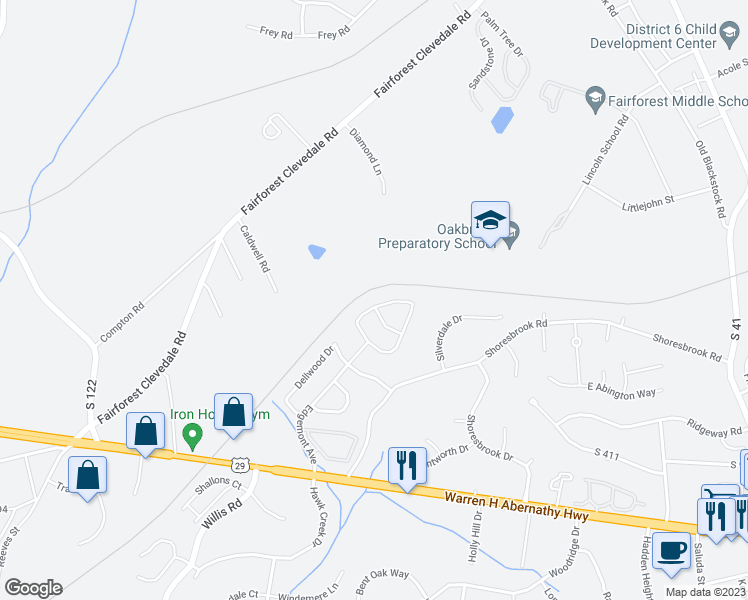 map of restaurants, bars, coffee shops, grocery stores, and more near 604 Cromwell Drive in Spartanburg