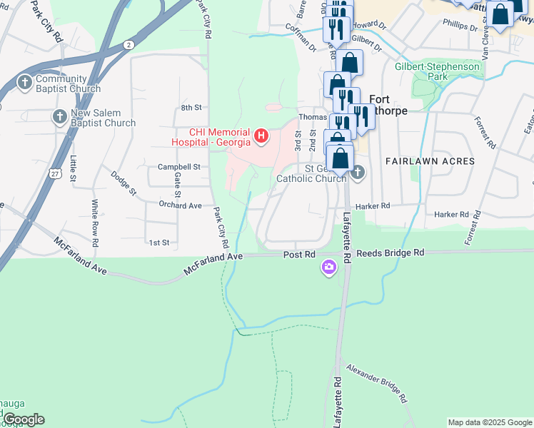 map of restaurants, bars, coffee shops, grocery stores, and more near 213 Barnhardt Circle in Fort Oglethorpe