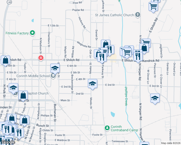 map of restaurants, bars, coffee shops, grocery stores, and more near 1701 East 5th Street in Corinth