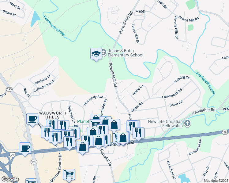 map of restaurants, bars, coffee shops, grocery stores, and more near 305 Powell Mill Road in Spartanburg