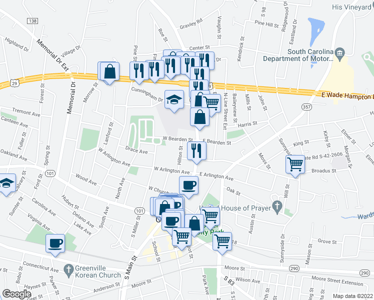 map of restaurants, bars, coffee shops, grocery stores, and more near 103 West Bearden Street in Greer