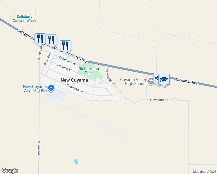 map of restaurants, bars, coffee shops, grocery stores, and more near 4656 Morales Street in New Cuyama