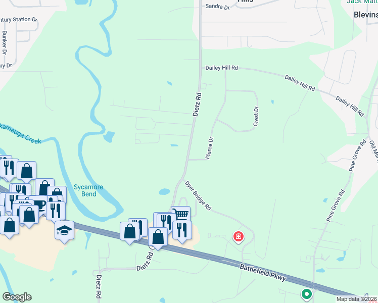 map of restaurants, bars, coffee shops, grocery stores, and more near 917 Dietz Road in Ringgold