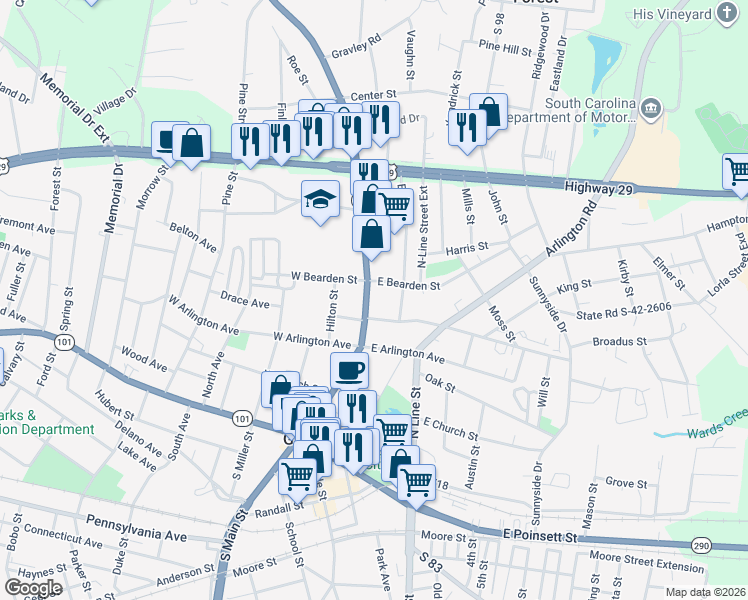 map of restaurants, bars, coffee shops, grocery stores, and more near 410 North Main Street in Greer