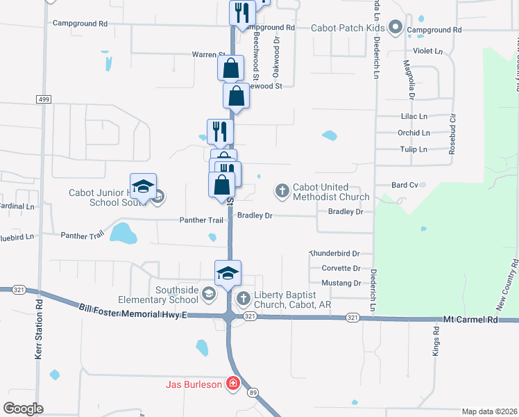 map of restaurants, bars, coffee shops, grocery stores, and more near 82 Bradley Drive in Cabot
