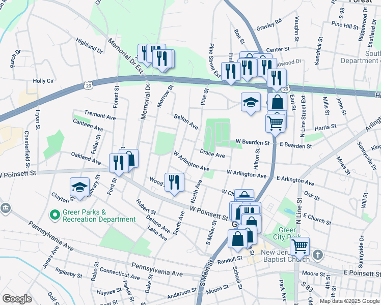 map of restaurants, bars, coffee shops, grocery stores, and more near 207 Pine Street in Greer