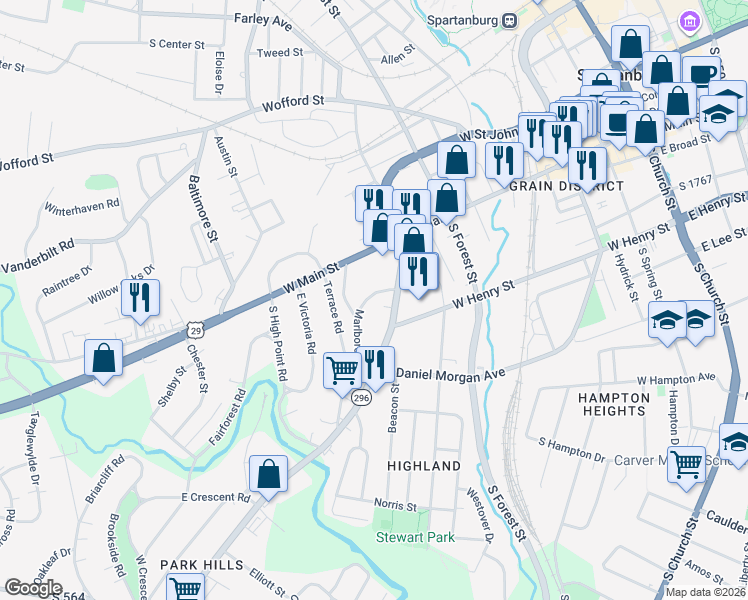map of restaurants, bars, coffee shops, grocery stores, and more near 125 Marlboro Road in Spartanburg