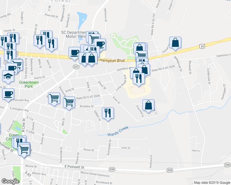 map of restaurants, bars, coffee shops, grocery stores, and more near 500 State Road S-42-2606 in Greer