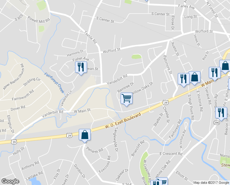 map of restaurants, bars, coffee shops, grocery stores, and more near 120 Raintree Drive in Spartanburg