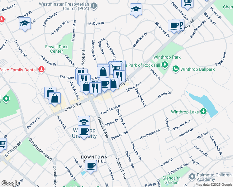 map of restaurants, bars, coffee shops, grocery stores, and more near 717 Milton Avenue in Rock Hill