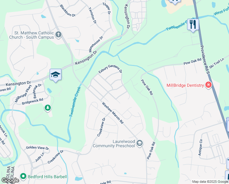 map of restaurants, bars, coffee shops, grocery stores, and more near 8121 Prescott Glen Pkwy in Waxhaw