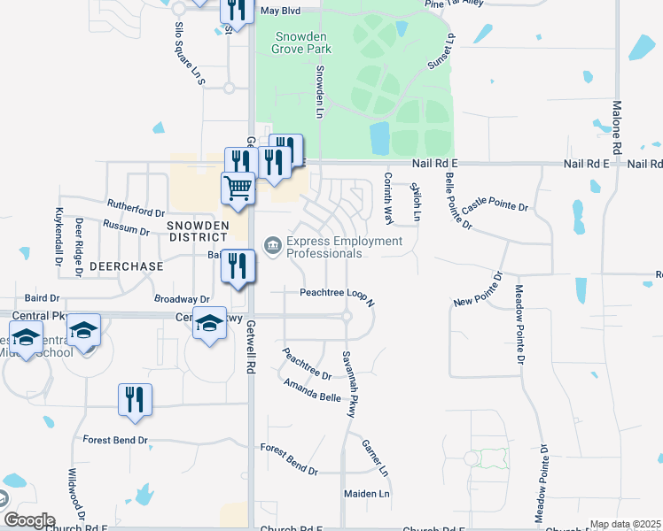 map of restaurants, bars, coffee shops, grocery stores, and more near 5714 Bedford Loop East in Southaven