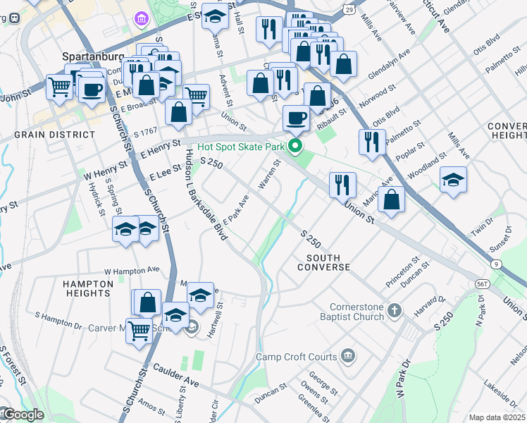map of restaurants, bars, coffee shops, grocery stores, and more near 312 East Hampton Avenue in Spartanburg