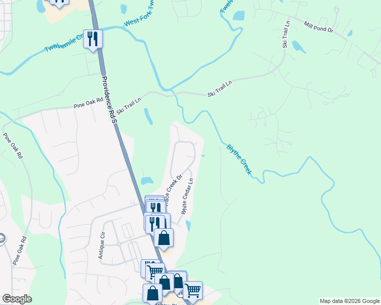 map of restaurants, bars, coffee shops, grocery stores, and more near 2104 Coral Berry Lane in Waxhaw