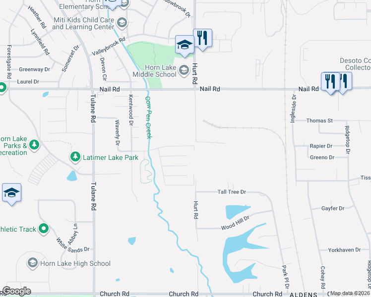 map of restaurants, bars, coffee shops, grocery stores, and more near 2517 Waverly Drive in Horn Lake