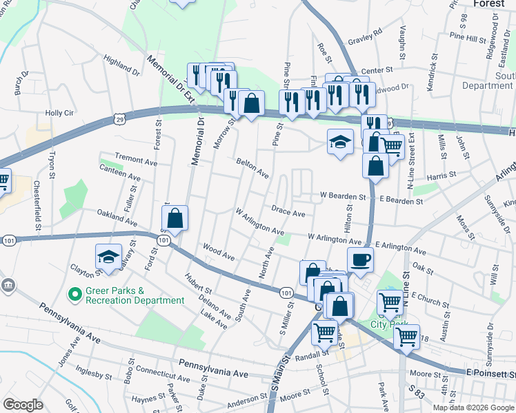 map of restaurants, bars, coffee shops, grocery stores, and more near 209 Pine St in Greer