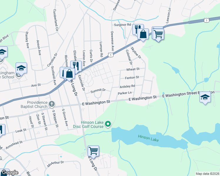 map of restaurants, bars, coffee shops, grocery stores, and more near 121 Willow Road in Rockingham