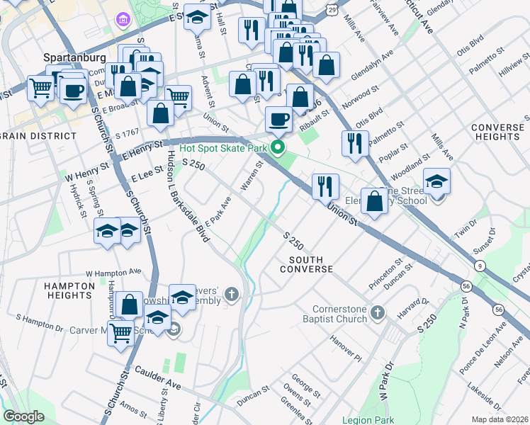map of restaurants, bars, coffee shops, grocery stores, and more near 417 South Converse Street in Spartanburg