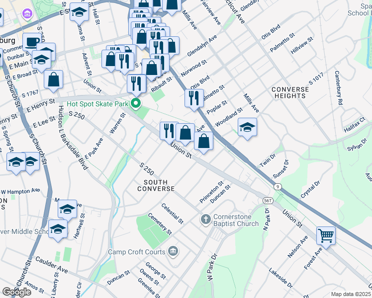 map of restaurants, bars, coffee shops, grocery stores, and more near 509 Union Street in Spartanburg