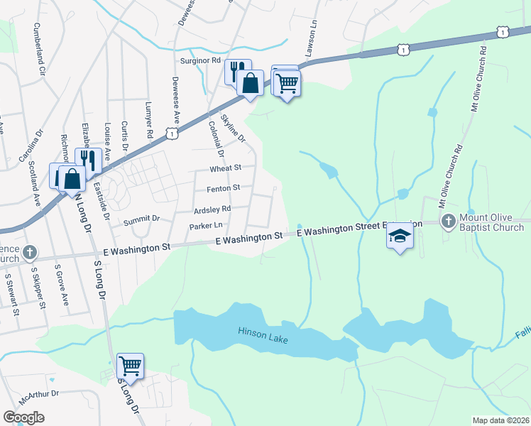 map of restaurants, bars, coffee shops, grocery stores, and more near 107 Starlight Drive in Rockingham