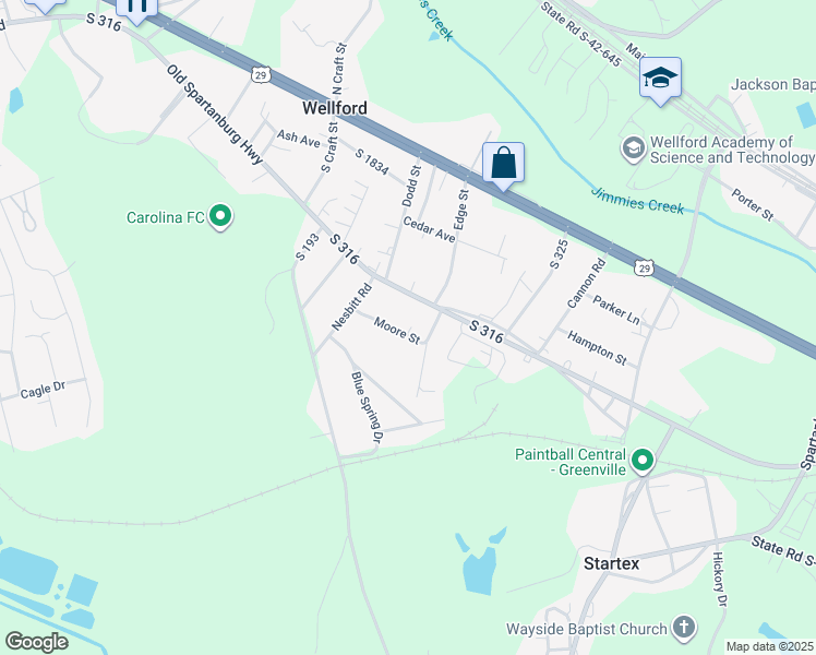 map of restaurants, bars, coffee shops, grocery stores, and more near 179 Moore Street in Wellford