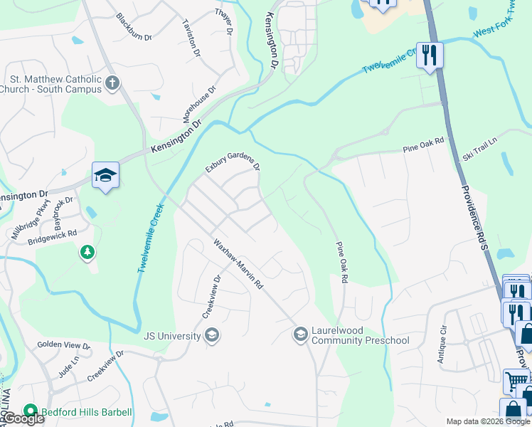 map of restaurants, bars, coffee shops, grocery stores, and more near 8000 Kew Gardens Court in Waxhaw